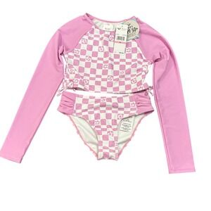 Roxy Girls' Swimsuit Set Long Sleeve Rash Guard Checkered Pink White Size 10 NWT